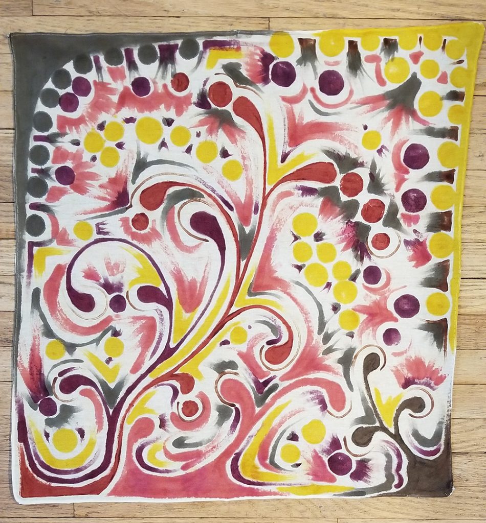 natural dyes painted on a cotton bandanna