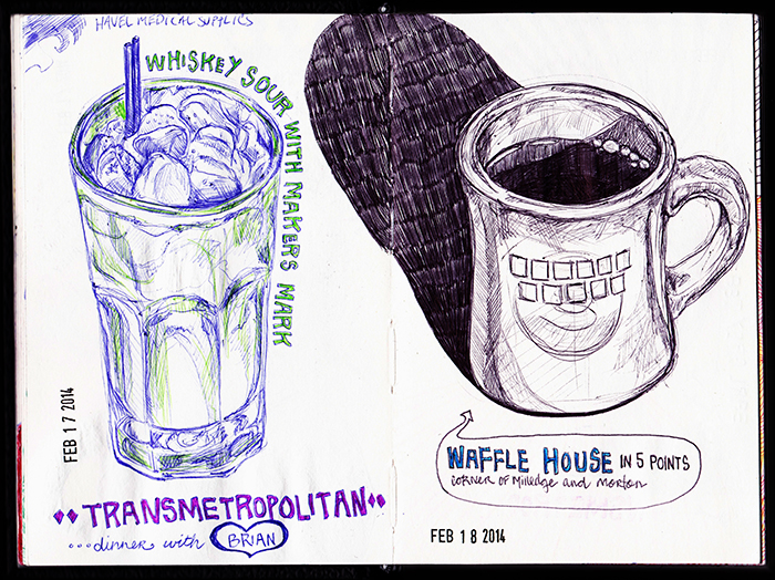 a two page spread in a sketchbook with drawings of drinks