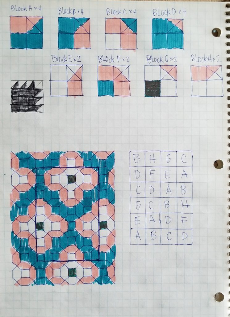 a colour sketch of a floral quilt block in a grid paper notebook