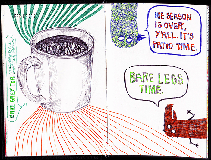 sketchbook drawing of a coffee cup with cartoon bird and chupacabra
