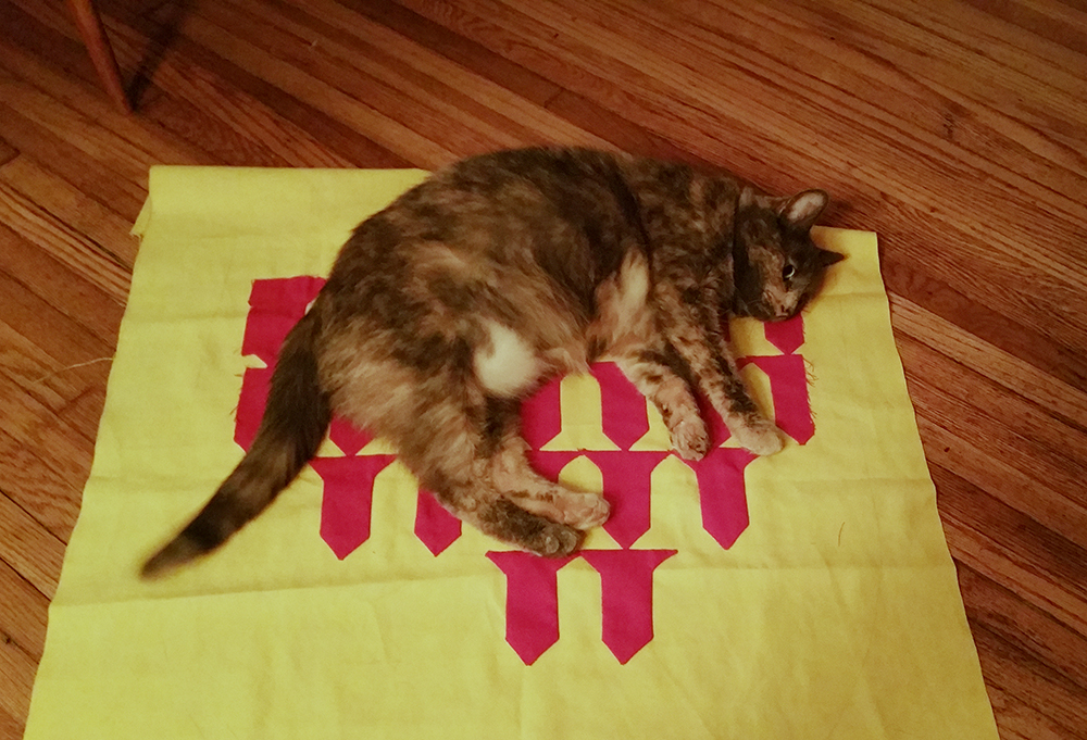 a tortoiseshell cat lying on a yellow and red banner