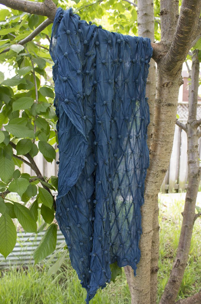 an indigo dyed cotton shawl with seeds tied into it, hanging in a cherry tree