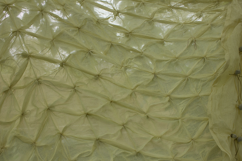 pale yellow fabric with seeds tied into it