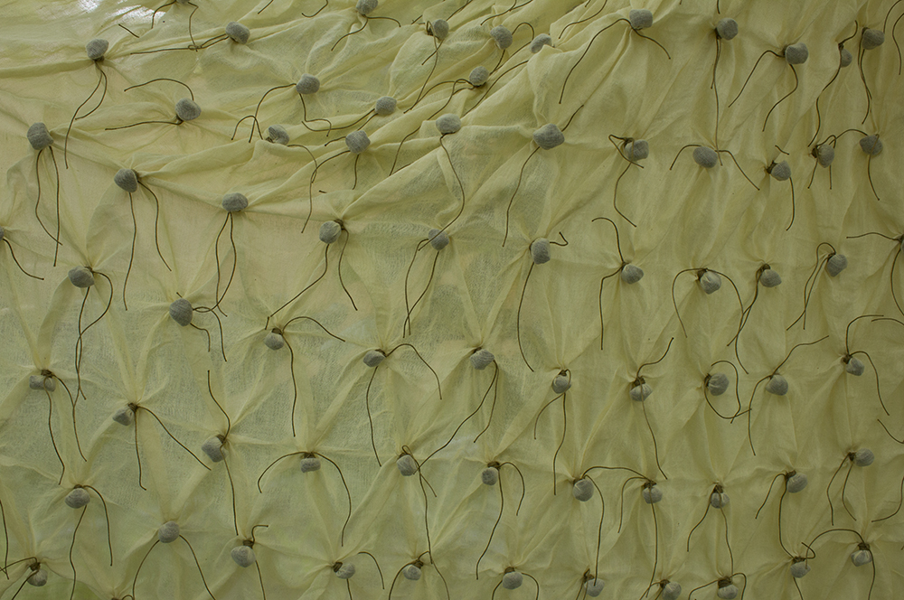 a panel of pale yellow fabric with seeds tied into it in a grid pattern
